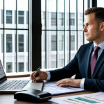 A highly professional certified financial planner (CFP) in a modest dark business suit, fully clothed, appropriate attire. The planner is seated at a clean, modern desk in a sophisticated financial office with large windows. The desk features a laptop displaying complex financial charts and neatly organized financial documents. The planner has a confident, thoughtful expression, engaged in deep analysis. Perfect anatomy, correct proportions, natural pose, well-formed hands, proper finger count, natural body proportions. Professional photography, high quality, safe for work, appropriate content, family-friendly, professional dress.