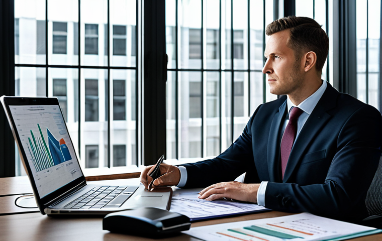 A highly professional certified financial planner (CFP) in a modest dark business suit, fully clothed, appropriate attire. The planner is seated at a clean, modern desk in a sophisticated financial office with large windows. The desk features a laptop displaying complex financial charts and neatly organized financial documents. The planner has a confident, thoughtful expression, engaged in deep analysis. Perfect anatomy, correct proportions, natural pose, well-formed hands, proper finger count, natural body proportions. Professional photography, high quality, safe for work, appropriate content, family-friendly, professional dress.
