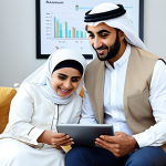 **

A professional Arab financial advisor, fully clothed in modest business attire, assisting a family in their modern living room. The scene is bright and welcoming, displaying charts and financial plans on a tablet. Safe for work, appropriate content, perfect anatomy, family-friendly, professional photography, high quality.

**