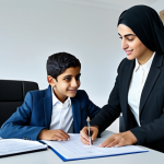 **

"A professional financial planner, fully clothed in a modest business attire, advising a young Arab family in a modern office setting. The scene is well-lit and conveys trust and competence. Safe for work, appropriate content, perfect anatomy, natural proportions, professional, family-friendly."

**
