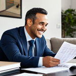 CFP 자격증 공부 계획 세우기 - **Image:** A financial advisor, fully clothed in a professional suit, smiling confidently while advi...
